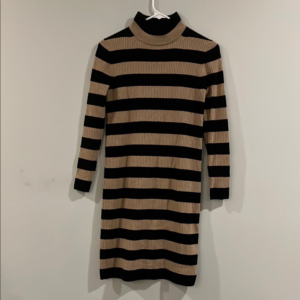 J. Crew Black and Tan Sheath Dress with Long Cuffed Sleeves and Mock Neck